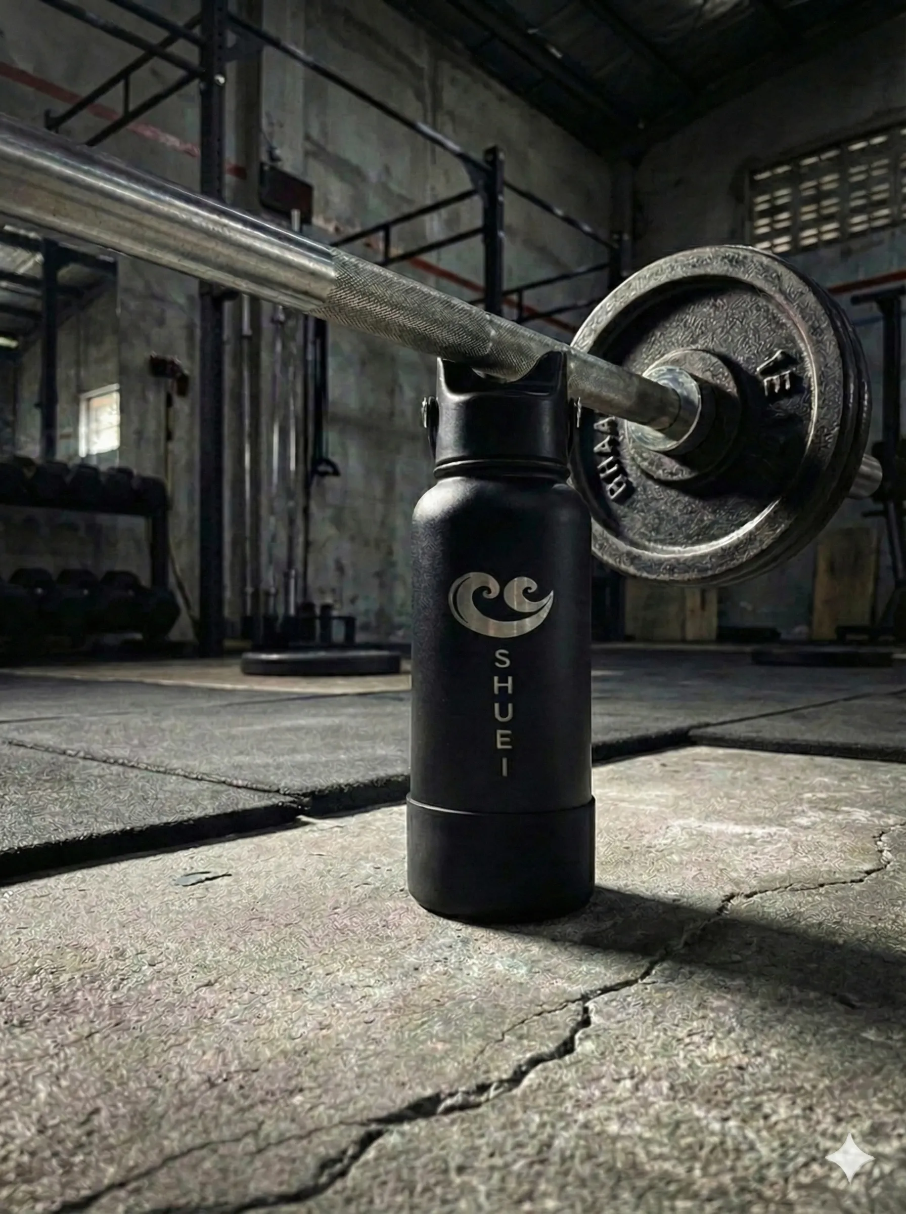 Garrafa SHUEI suportando o peso de uma barra olímpica
